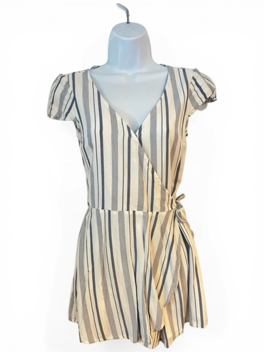 Hollister Blue & White Stripe Romper | XS | Tie Waist Short Sleeve Summer Romper